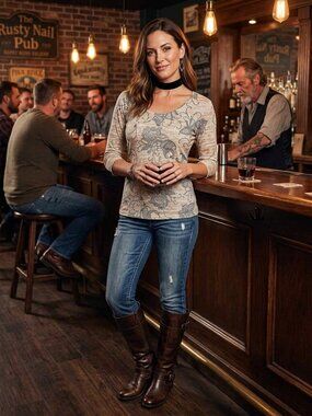 Aventura Womens Shirt Large Tan/Gray Pullover 3/4 Sleeve MADE IN USA